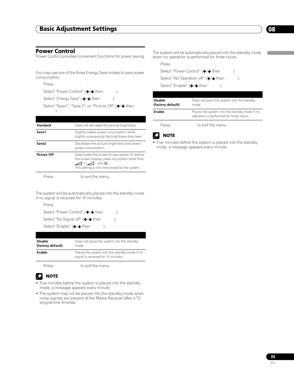 Power control, Basic adjustment settings 08 | Pioneer PDP-506FDE User Manual | Page 35 / 141