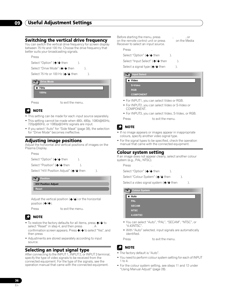09 useful adjustment settings, Switching the vertical drive frequency, Adjusting image positions | Selecting an input signal type, Colour system setting | Pioneer PDP-506FDE User Manual | Page 36 / 141
