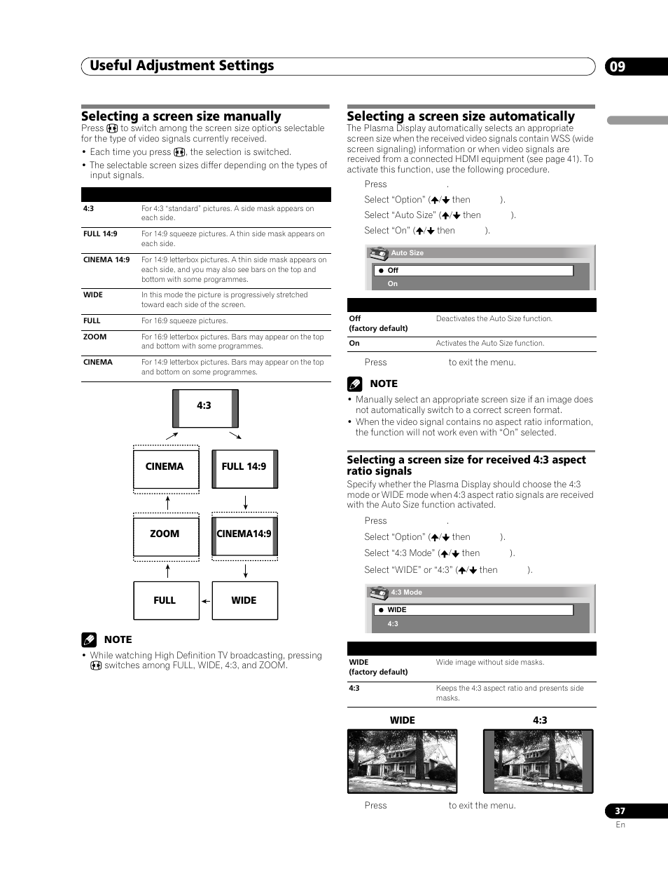 Selecting a screen size manually, Selecting a screen size automatically, Selecting a screen size for received | 3 aspect ratio signals, Useful adjustment settings 09 | Pioneer PDP-506FDE User Manual | Page 37 / 141