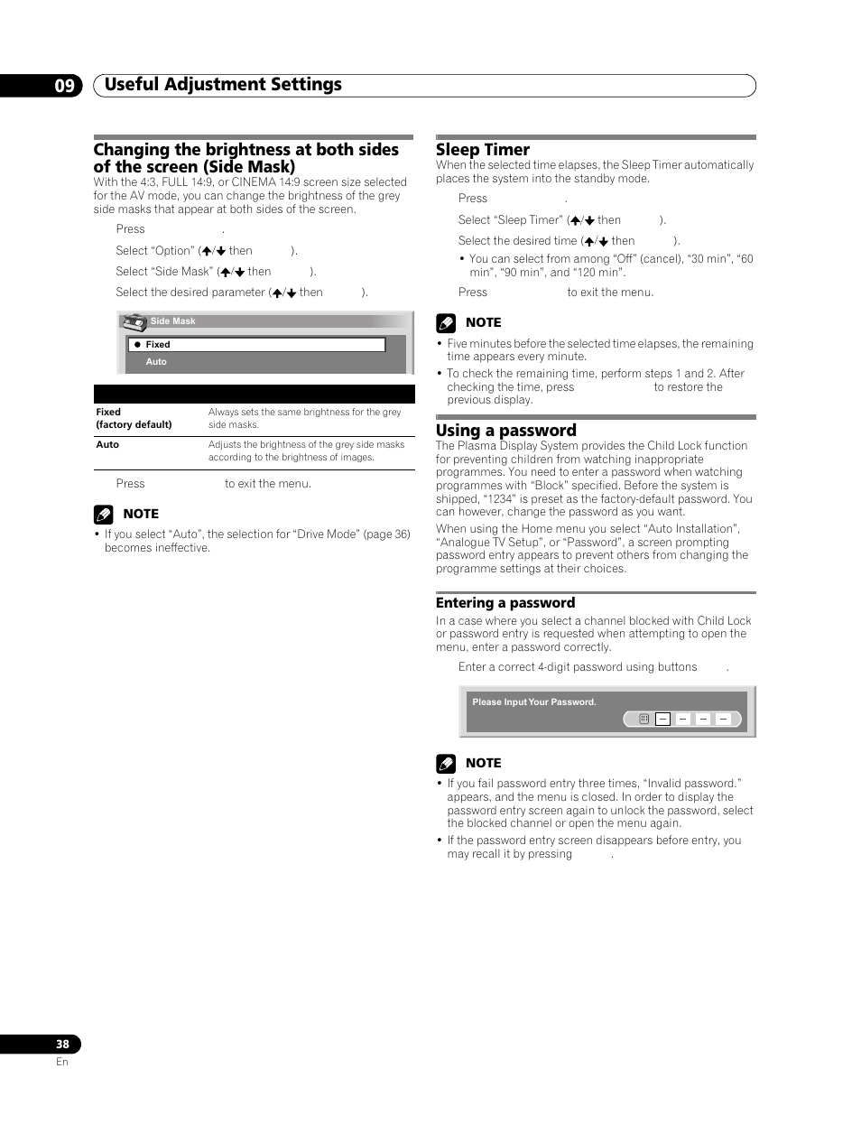 Changing the brightness at both sides, Of the screen (side mask), Sleep timer | Using a password, Entering a password, Useful adjustment settings 09 | Pioneer PDP-506FDE User Manual | Page 38 / 141