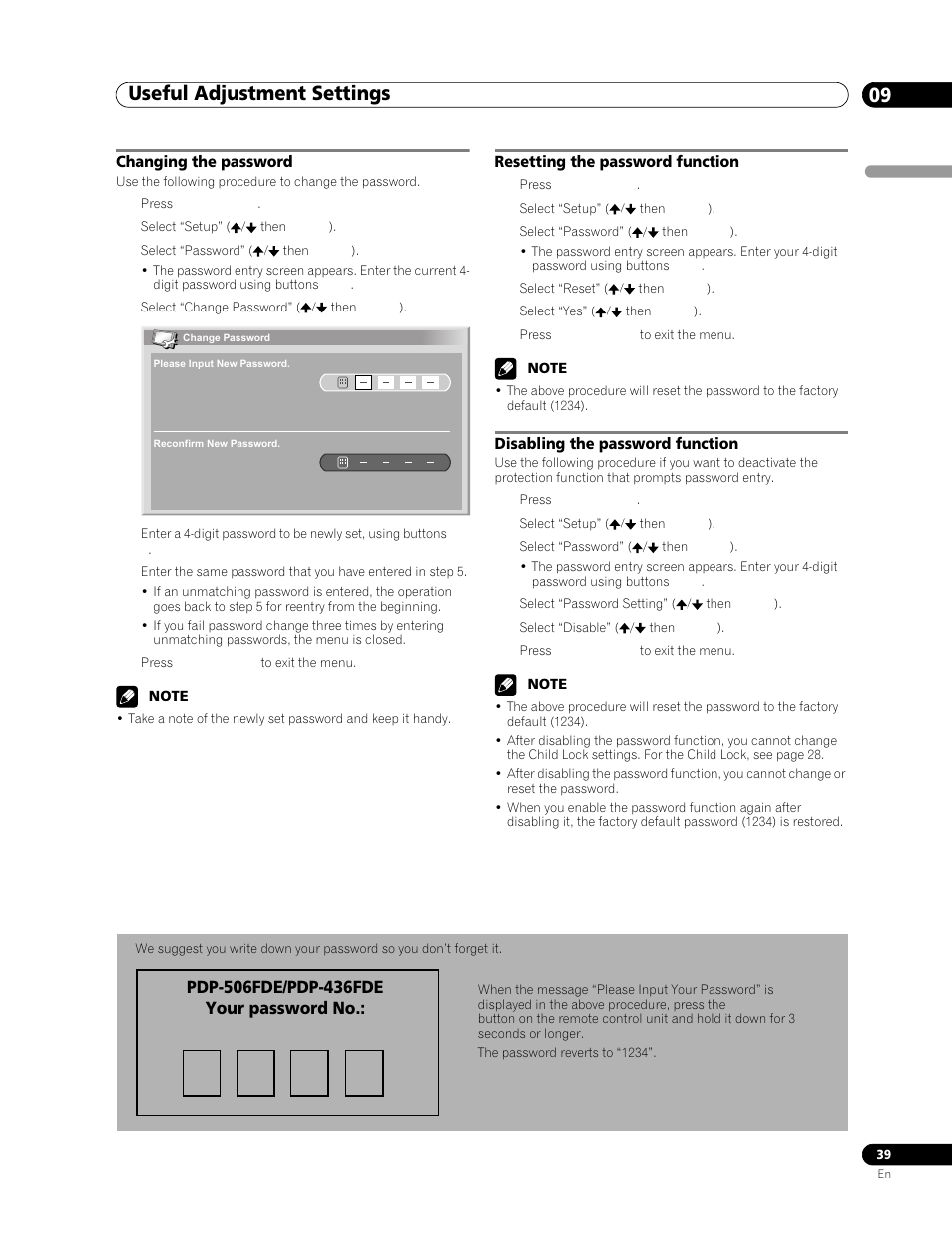 Changing the password, Resetting the password function, Disabling the password function | Useful adjustment settings 09 | Pioneer PDP-506FDE User Manual | Page 39 / 141