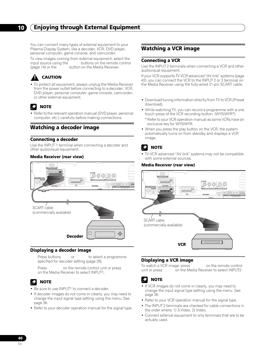 10 enjoying through external equipment, Watching a decoder image, Connecting a decoder | Displaying a decoder image, Watching a vcr image, Connecting a vcr, Displaying a vcr image, Displaying a decoder image 1, Caution, Av link advanced system | Pioneer PDP-506FDE User Manual | Page 40 / 141