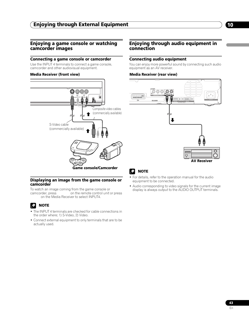 Enjoying a game console or watching, Camcorder images, Connecting a game console or | Camcorder, Displaying an image from the game, Console or camcorder, Enjoying through audio equipment in, Connection, Connecting audio equipment, Enjoying through external equipment 10 | Pioneer PDP-506FDE User Manual | Page 43 / 141