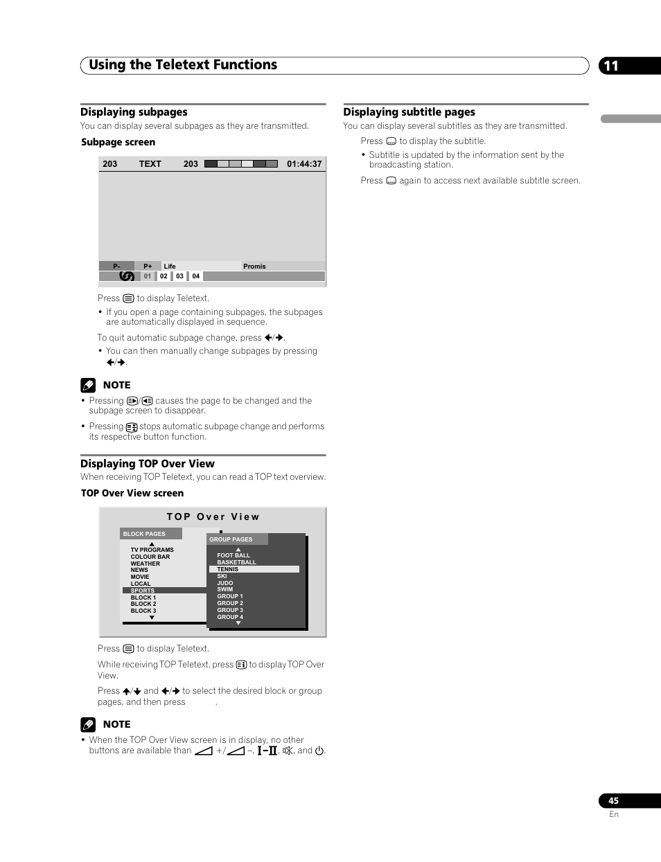 Displaying top over view, Using the teletext functions 11, Displaying subpages | Displaying subtitle pages | Pioneer PDP-506FDE User Manual | Page 45 / 141