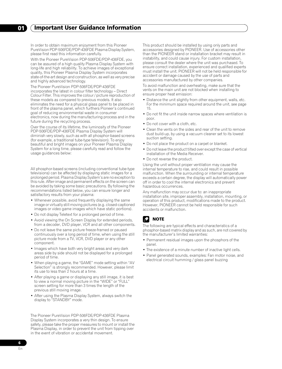 01 important user guidance information | Pioneer PDP-506FDE User Manual | Page 6 / 141