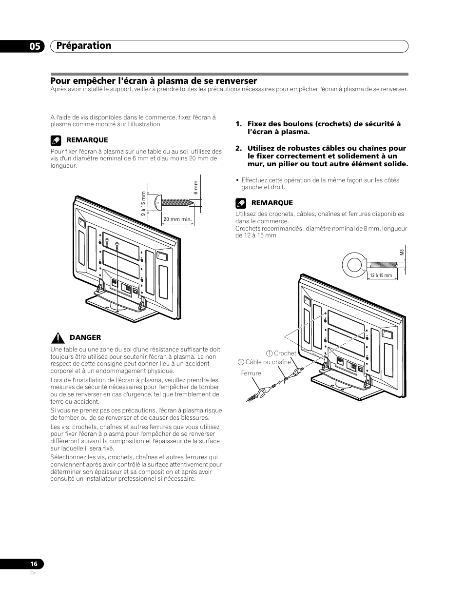 Pour empêcher l'écran à plasma de se, Renverser, Préparation 05 | Pour empêcher l'écran à plasma de se renverser | Pioneer PDP-506FDE User Manual | Page 62 / 141