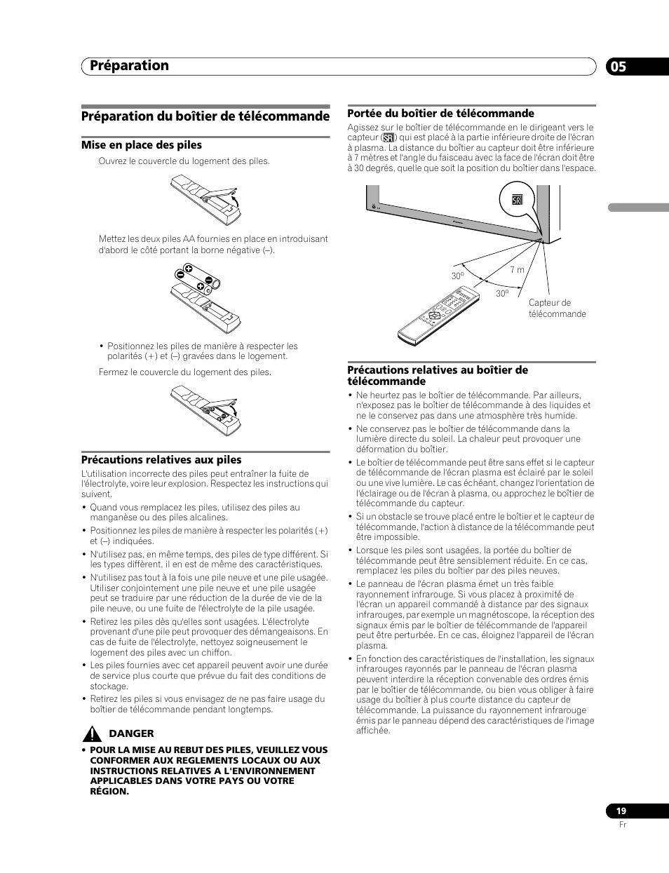 Préparation du boîtier de, Télécommande, Mise en place des piles | Précautions relatives aux piles, Portée du boîtier de télécommande, Précautions relatives au boîtier de, Préparation 05, Préparation du boîtier de télécommande | Pioneer PDP-506FDE User Manual | Page 65 / 141