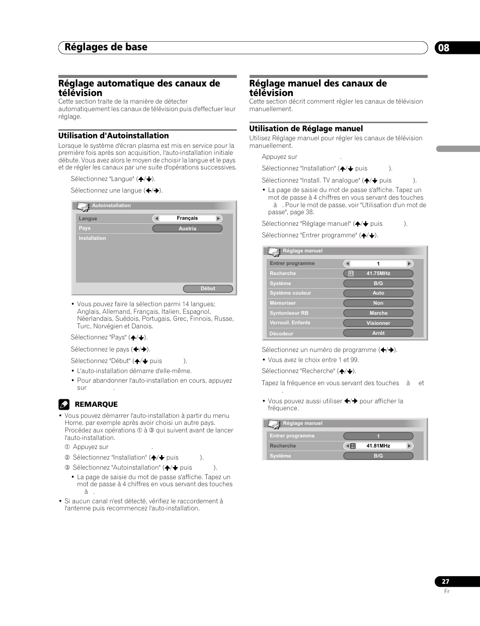 08 réglages de base, Réglage automatique des canaux de, Télévision | Utilisation d'autoinstallation, Réglage manuel des canaux de, Utilisation de réglage manuel, Réglages de base 08, Réglages de base, Réglage automatique des canaux de télévision, Réglage manuel des canaux de télévision | Pioneer PDP-506FDE User Manual | Page 73 / 141