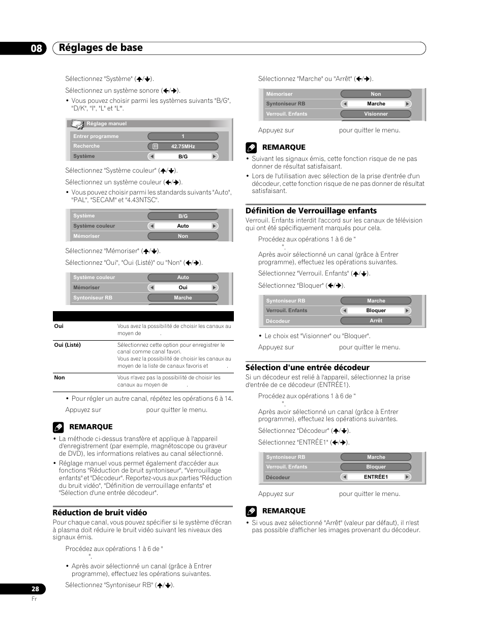 Réduction de bruit vidéo, Définition de verrouillage enfants, Sélection d'une entrée décodeur | Réglages de base 08 | Pioneer PDP-506FDE User Manual | Page 74 / 141