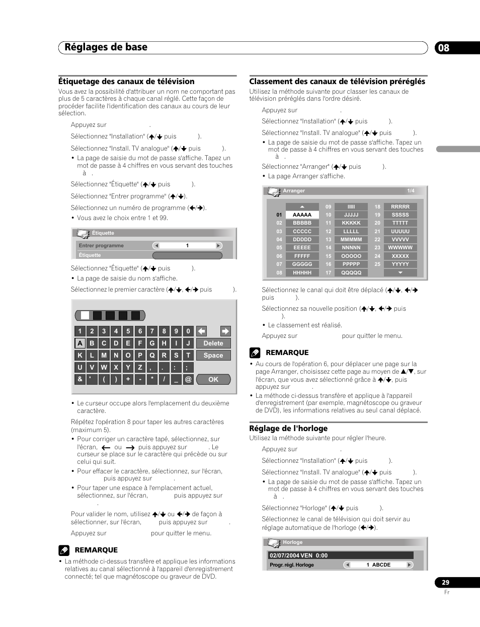 Étiquetage des canaux de télévision, Classement des canaux de télévision, Préréglés | Réglage de l'horloge, Réglages de base 08 | Pioneer PDP-506FDE User Manual | Page 75 / 141