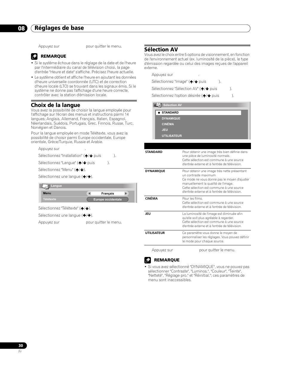 Choix de la langue, Sélection av, Réglages de base 08 | Pioneer PDP-506FDE User Manual | Page 76 / 141