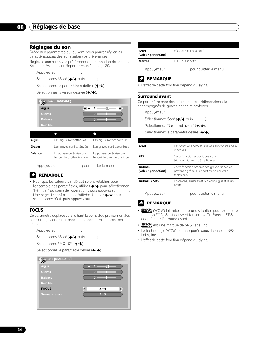 Réglages du son, Focus, Surround avant | Réglages de base 08 | Pioneer PDP-506FDE User Manual | Page 80 / 141