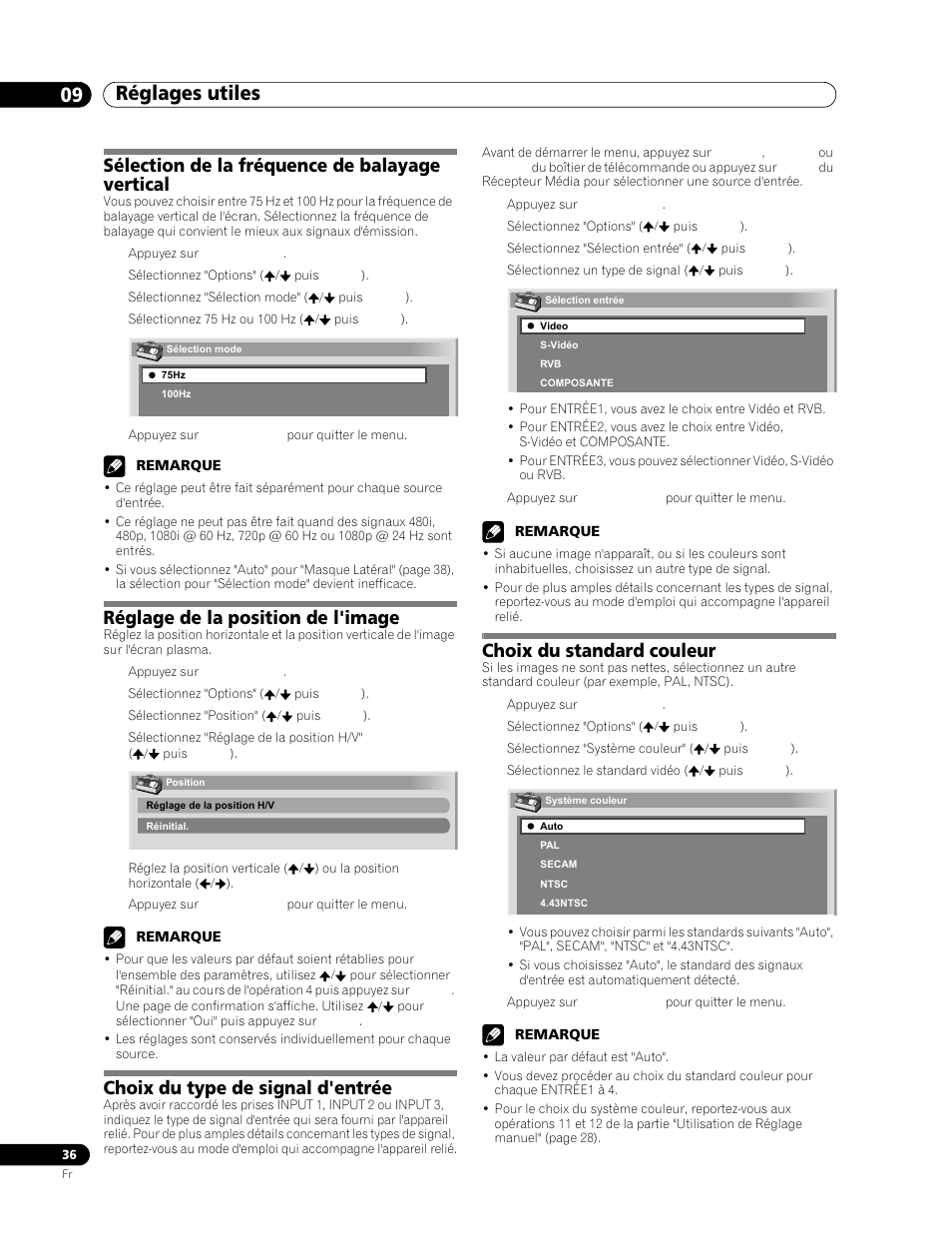 09 réglages utiles, Sélection de la fréquence de balayage, Vertical | Réglage de la position de l'image, Choix du type de signal d'entrée, Choix du standard couleur, Réglages utiles 09 réglages utiles, Sélection de la fréquence de balayage vertical | Pioneer PDP-506FDE User Manual | Page 82 / 141