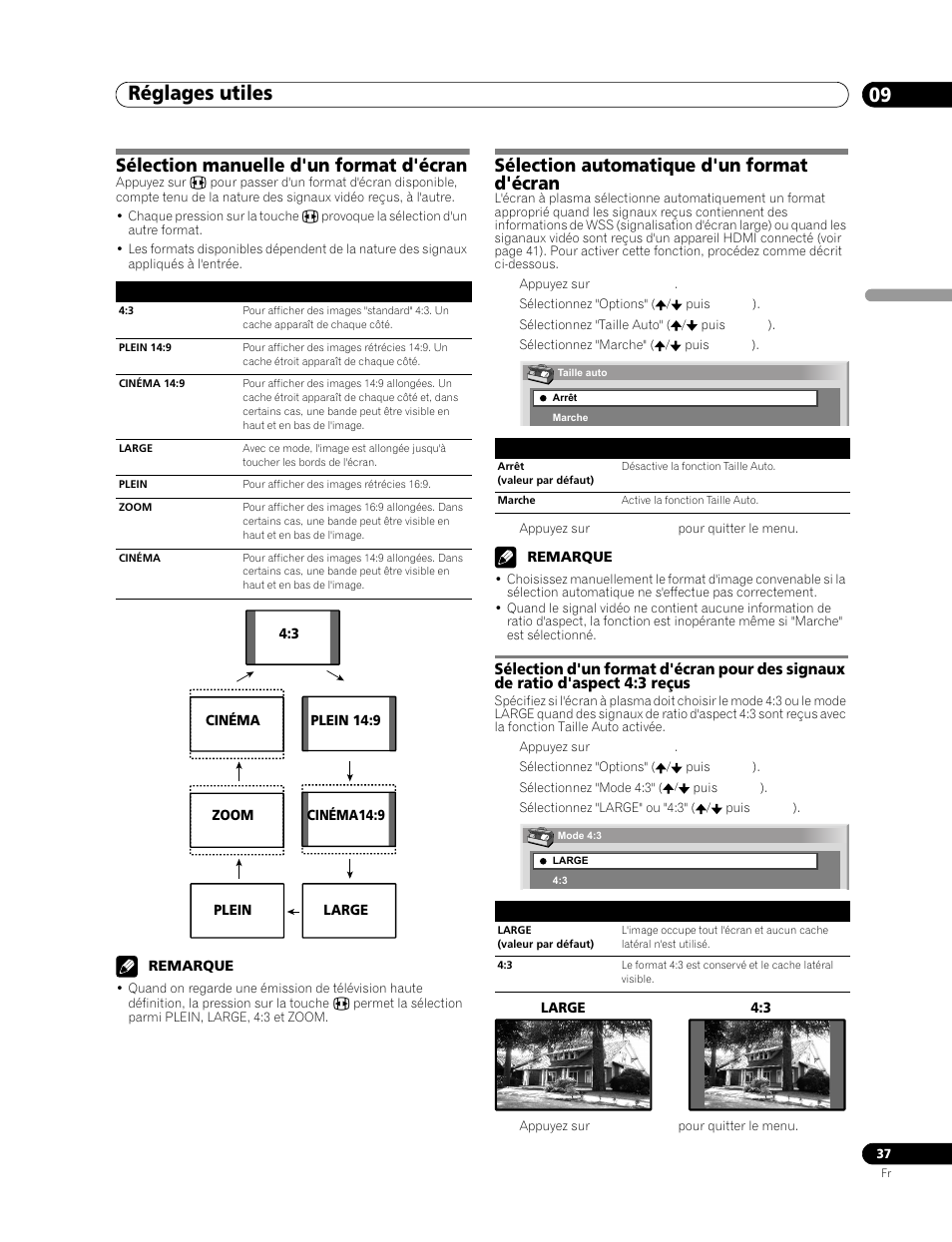 Sélection manuelle d'un format, D'écran, Sélection automatique d'un format | Sélection d'un format d'écran pour des, Signaux de ratio d'aspect 4:3 reçus, Réglages utiles 09, Sélection manuelle d'un format d'écran, Sélection automatique d'un format d'écran | Pioneer PDP-506FDE User Manual | Page 83 / 141