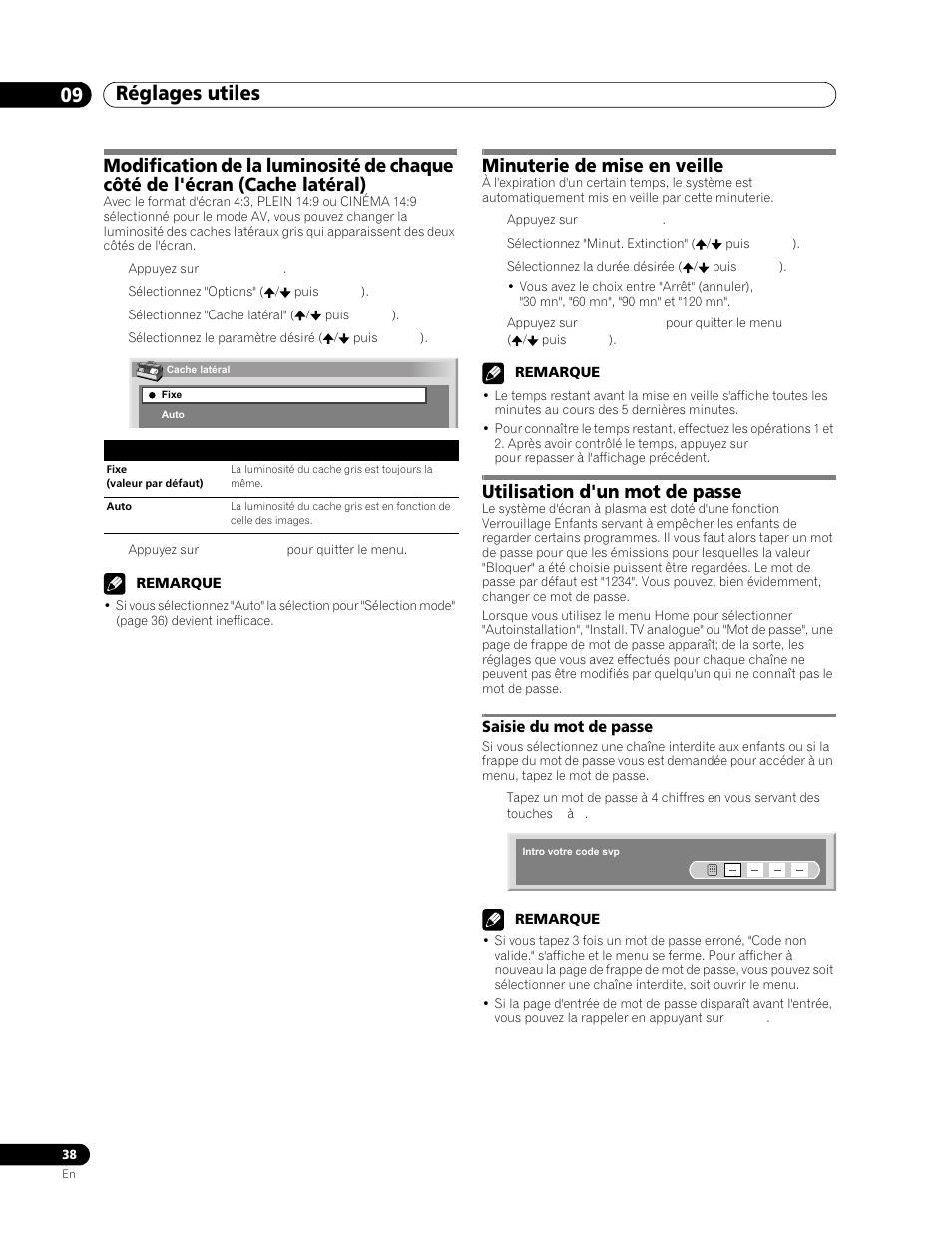 Modification de la luminosité de chaque, Côté de l'écran (cache latéral), Minuterie de mise en veille | Utilisation d'un mot de passe, Saisie du mot de passe, Réglages utiles 09 | Pioneer PDP-506FDE User Manual | Page 84 / 141