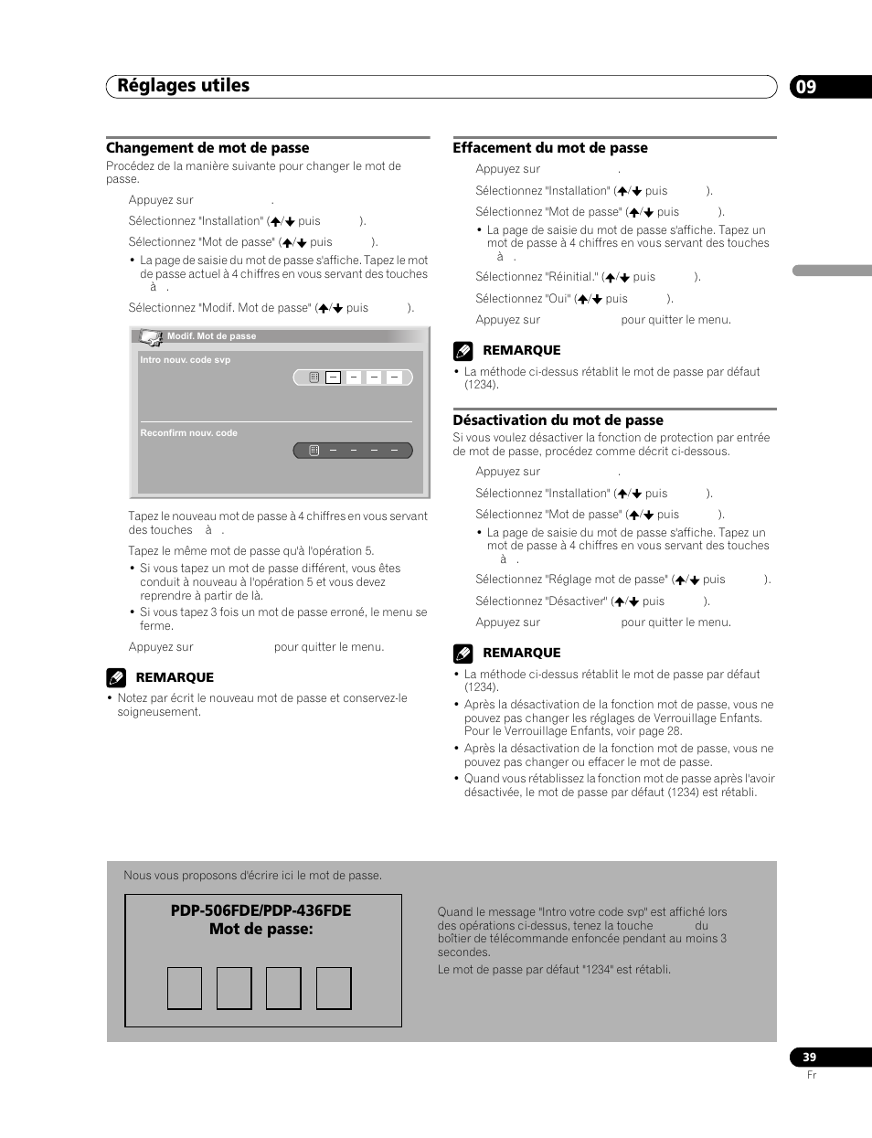 Changement de mot de passe, Effacement du mot de passe, Désactivation du mot de passe | Réglages utiles 09 | Pioneer PDP-506FDE User Manual | Page 85 / 141