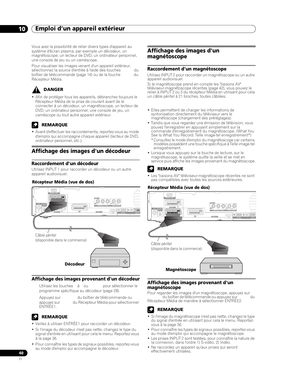 10 emploi d'un appareil extérieur, Affichage des images d'un décodeur, Raccordement d'un décodeur | Affichage des images provenant d'un, Décodeur, Affichage des images d'un, Magnétoscope, Raccordement d'un magnétoscope, Affichage des images provenant, D'un magnétoscope | Pioneer PDP-506FDE User Manual | Page 86 / 141