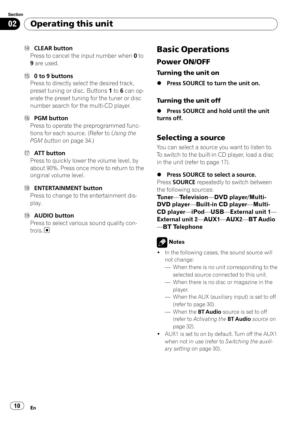 Basic operations, Power on/off 10, Selecting a source 10 | Operating this unit, Power on/off, Selecting a source | Pioneer DEH-P6900IB User Manual | Page 10 / 126