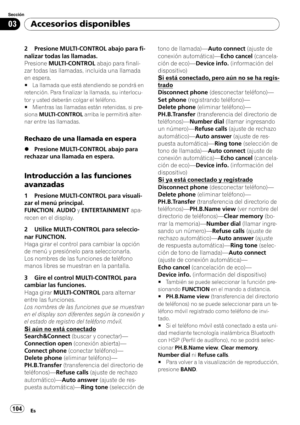 Introducción a las funciones, Avanzadas, Accesorios disponibles | Introducción a las funciones avanzadas | Pioneer DEH-P6900IB User Manual | Page 104 / 126