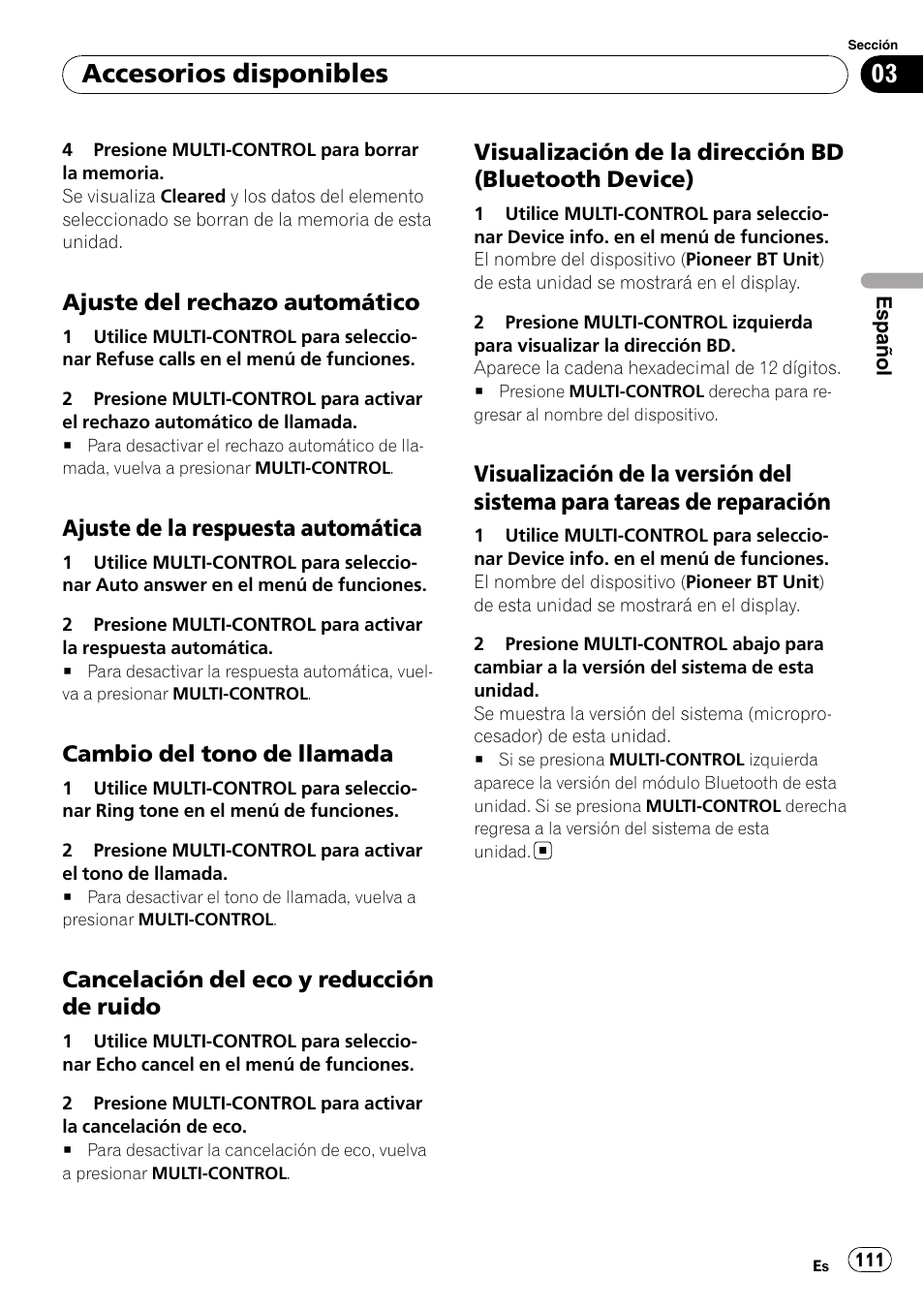Ajuste del rechazo automático 111, Ajuste de la respuesta, Automática | Cambio del tono de llamada 111, Cancelación del eco y reducción de, Ruido, Visualización de la dirección bd, Bluetooth device), Visualización de la versión del sistema, Para tareas de reparación | Pioneer DEH-P6900IB User Manual | Page 111 / 126