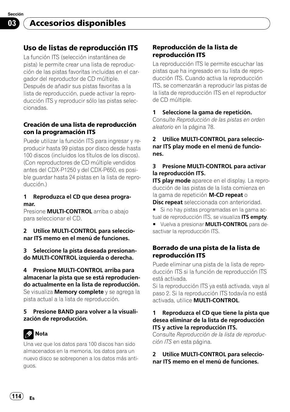 Uso de listas de reproducción its 114, Accesorios disponibles, Uso de listas de reproducción its | Pioneer DEH-P6900IB User Manual | Page 114 / 126