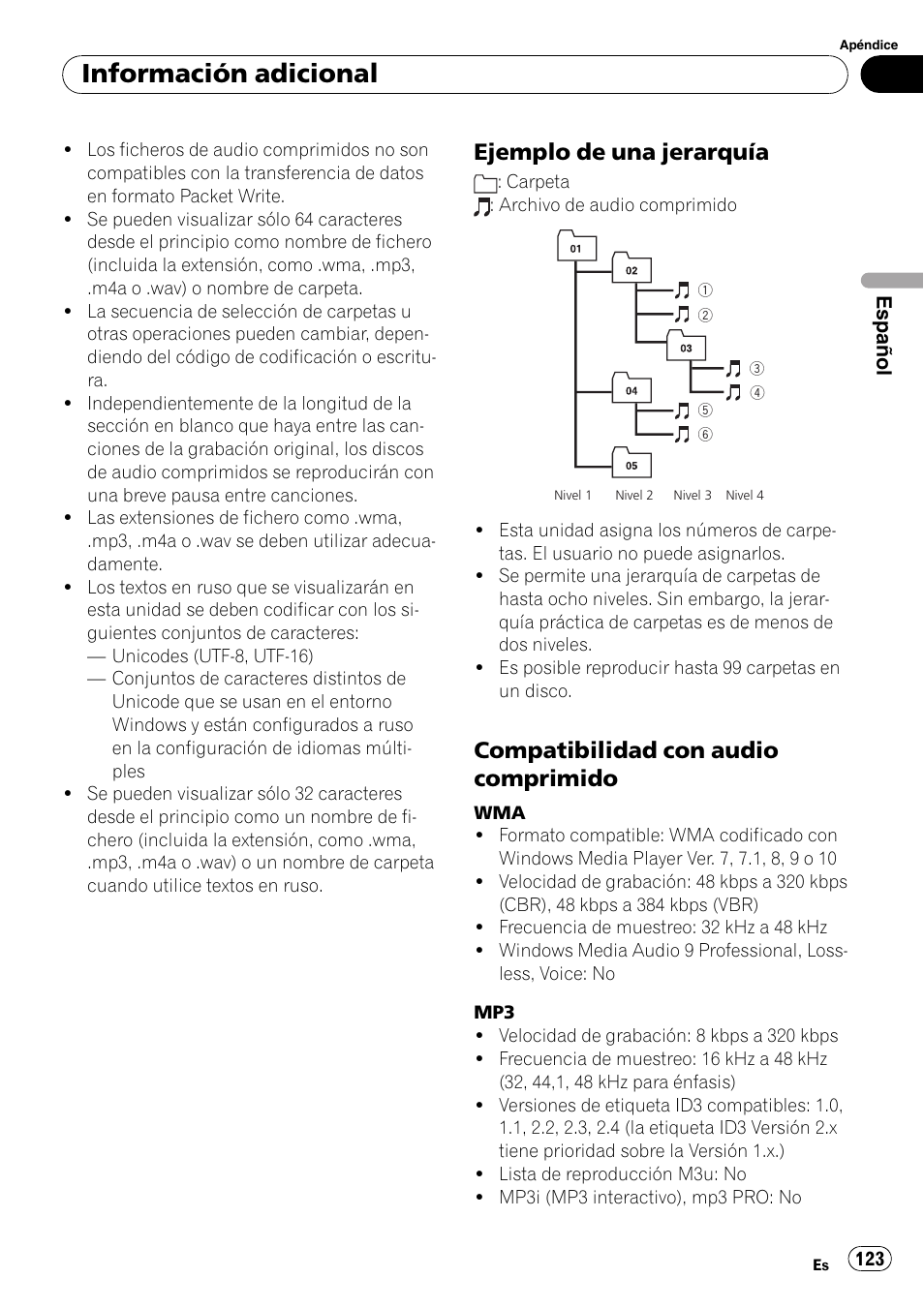 Ejemplo de una jerarquía 123, Compatibilidad con audio, Comprimido | Información adicional, Ejemplo de una jerarquía, Compatibilidad con audio comprimido | Pioneer DEH-P6900IB User Manual | Page 123 / 126