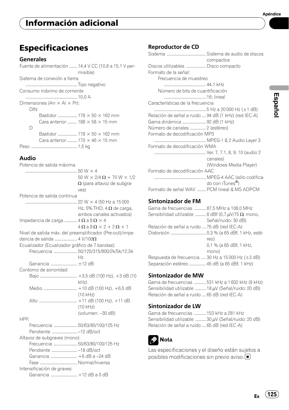 Especificaciones, Información adicional, Español | Pioneer DEH-P6900IB User Manual | Page 125 / 126