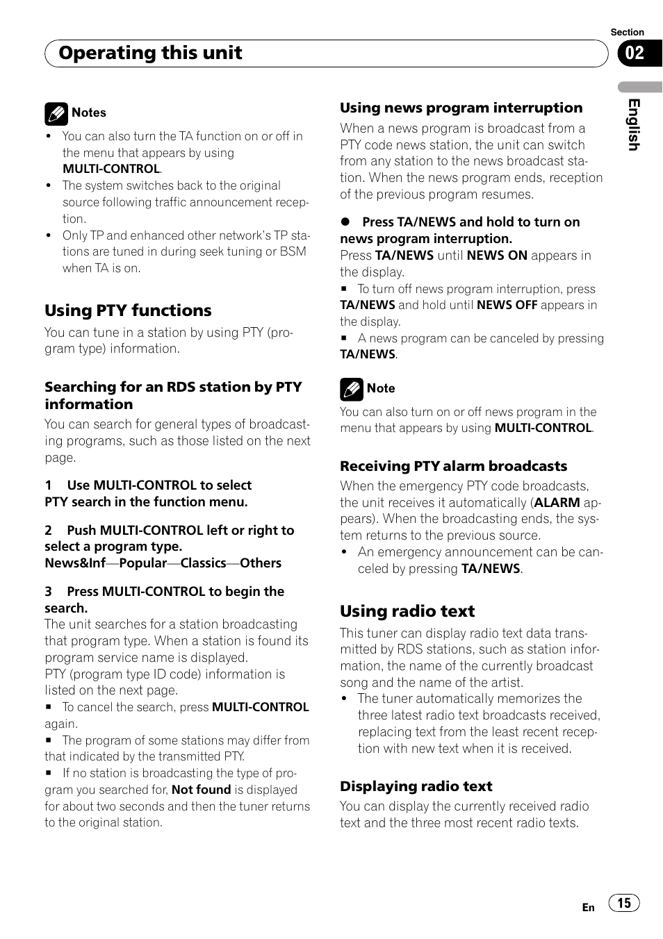 Using pty functions 15, Using radio text 15, Operating this unit | Using pty functions, Using radio text | Pioneer DEH-P6900IB User Manual | Page 15 / 126