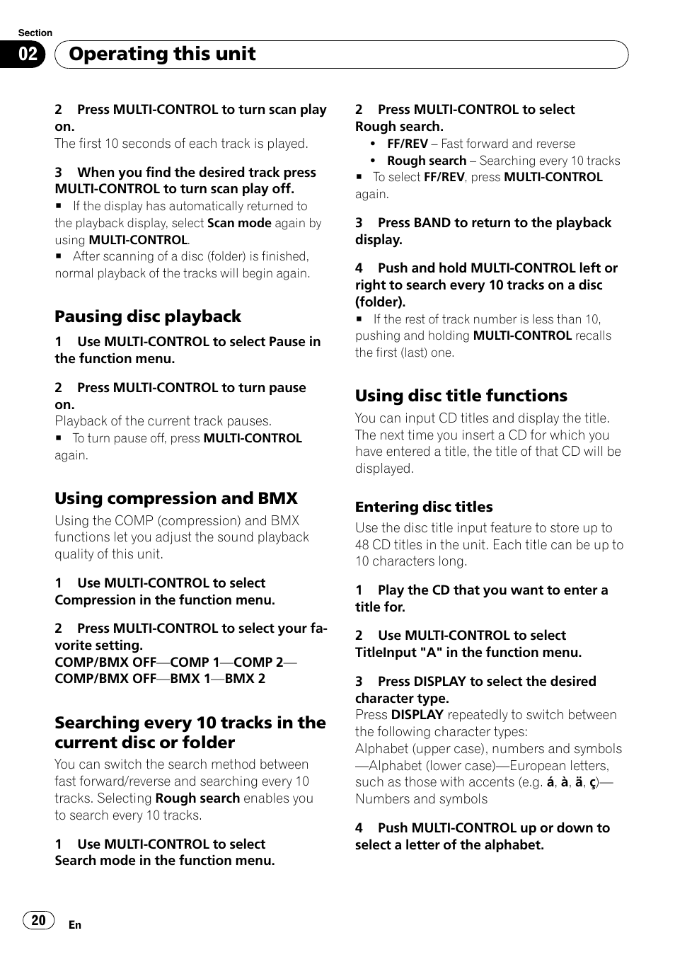 Pausing disc playback 20, Using compression and bmx 20, Searching every 10 tracks in the current | Disc or folder, Using disc title functions 20, Operating this unit, Pausing disc playback, Using compression and bmx, Using disc title functions | Pioneer DEH-P6900IB User Manual | Page 20 / 126