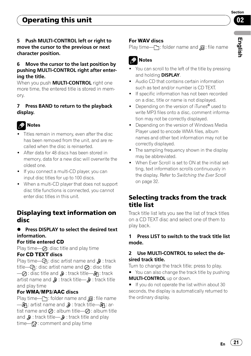 Displaying text information on disc 21, Selecting tracks from the track title, List | Operating this unit, Displaying text information on disc, Selecting tracks from the track title list | Pioneer DEH-P6900IB User Manual | Page 21 / 126