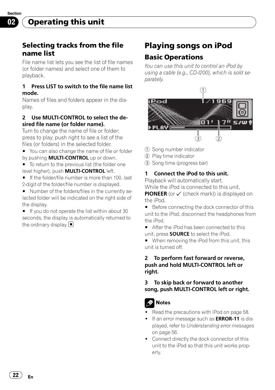 Selecting tracks from the file name, List, Playing songs on ipod | Basic operations 22, Operating this unit | Pioneer DEH-P6900IB User Manual | Page 22 / 126