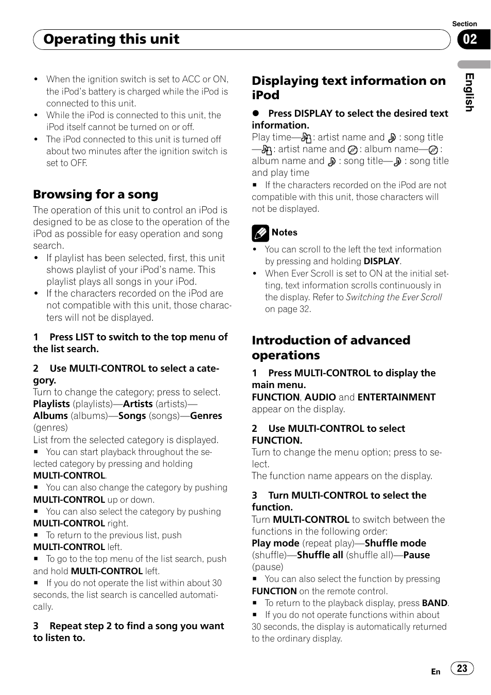 Browsing for a song 23, Displaying text information on, Ipod | Introduction of advanced, Operations, Operating this unit, Browsing for a song, Displaying text information on ipod, Introduction of advanced operations | Pioneer DEH-P6900IB User Manual | Page 23 / 126