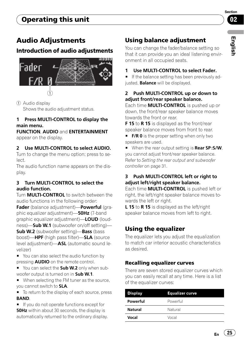 Audio adjustments, Introduction of audio adjustments 25, Using balance adjustment 25 | Using the equalizer 25, Operating this unit, Introduction of audio adjustments, Using balance adjustment, Using the equalizer | Pioneer DEH-P6900IB User Manual | Page 25 / 126