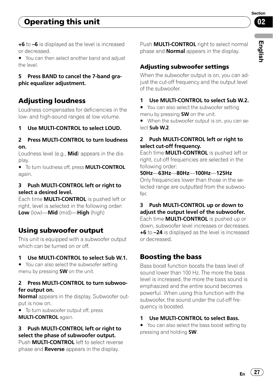 Adjusting loudness 27, Using subwoofer output 27, Boosting the bass 27 | Operating this unit, Adjusting loudness, Using subwoofer output, Boosting the bass | Pioneer DEH-P6900IB User Manual | Page 27 / 126