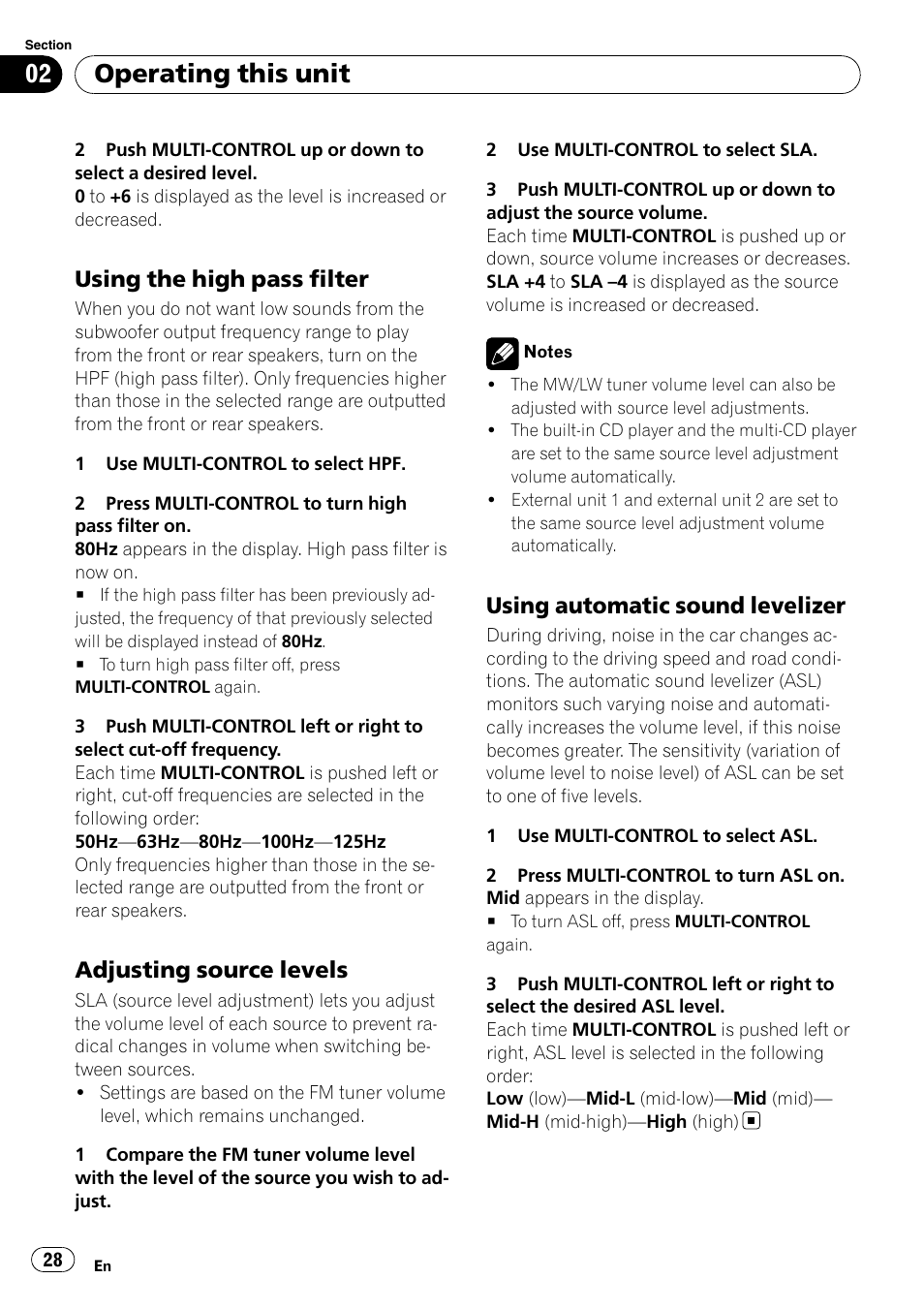 Using the high pass filter 28, Adjusting source levels 28, Using automatic sound levelizer 28 | Operating this unit, Using the high pass filter, Adjusting source levels, Using automatic sound levelizer | Pioneer DEH-P6900IB User Manual | Page 28 / 126