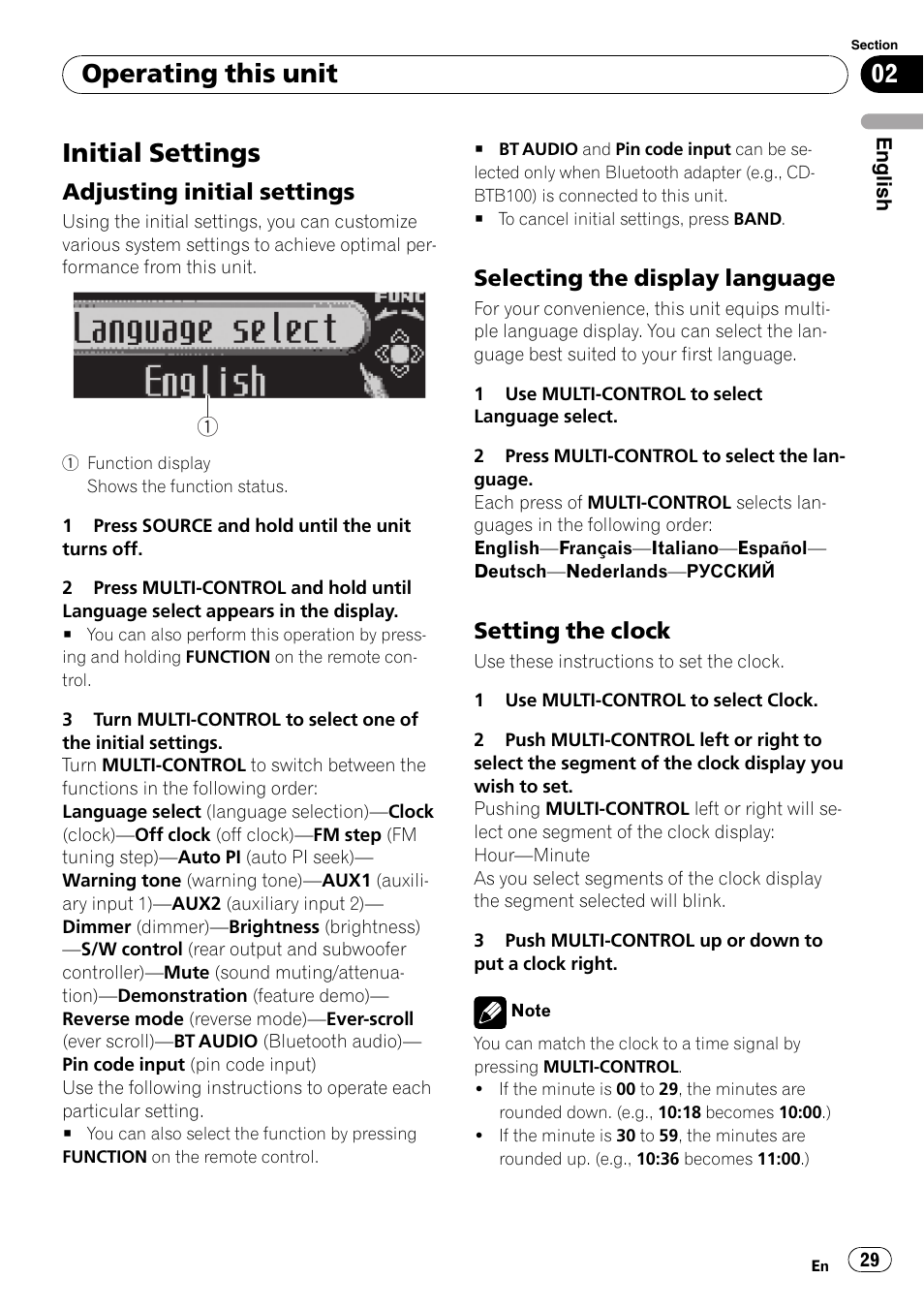 Initial settings, Adjusting initial settings 29, Selecting the display language 29 | Setting the clock 29, Operating this unit, Adjusting initial settings, Selecting the display language, Setting the clock | Pioneer DEH-P6900IB User Manual | Page 29 / 126