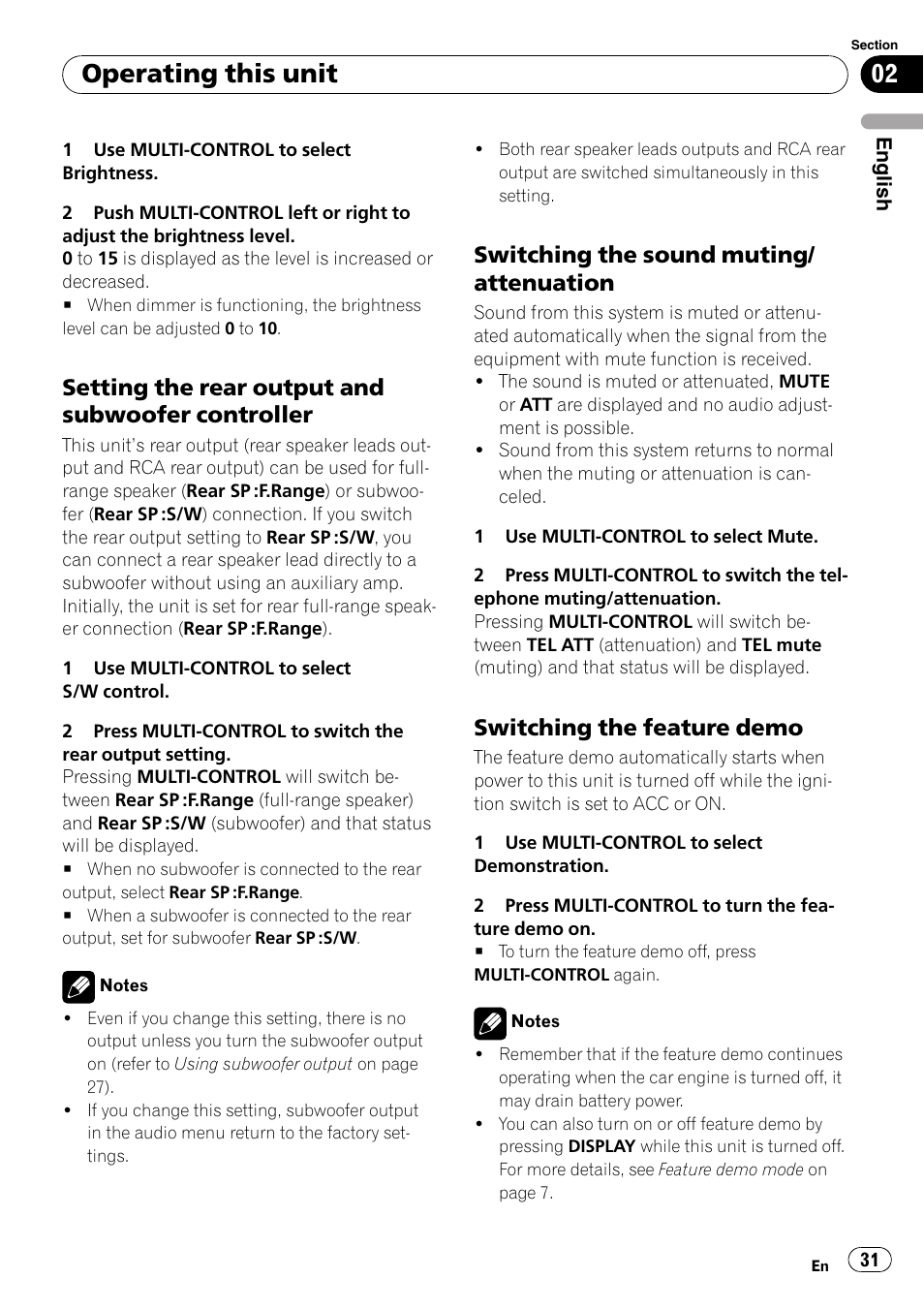 Setting the rear output and subwoofer, Controller, Switching the sound muting | Attenuation, Switching the feature demo 31, Operating this unit, Setting the rear output and subwoofer controller, Switching the sound muting/ attenuation, Switching the feature demo | Pioneer DEH-P6900IB User Manual | Page 31 / 126