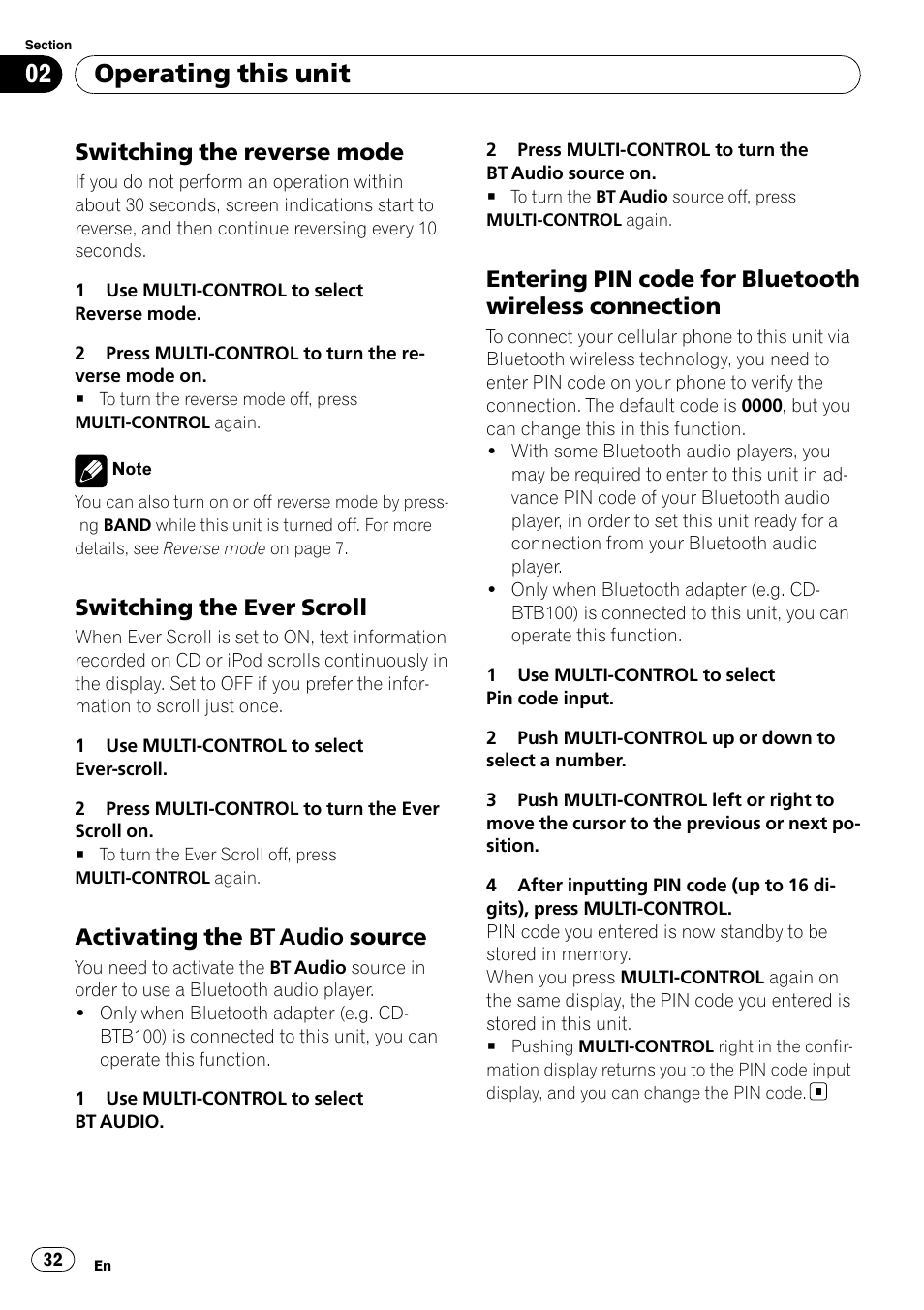 Switching the reverse mode 32, Switching the ever scroll 32, Activating the bt audio source 32 | Entering pin code for bluetooth, Wireless connection, Activating the, Bt audio source on, Operating this unit, Switching the reverse mode, Switching the ever scroll | Pioneer DEH-P6900IB User Manual | Page 32 / 126