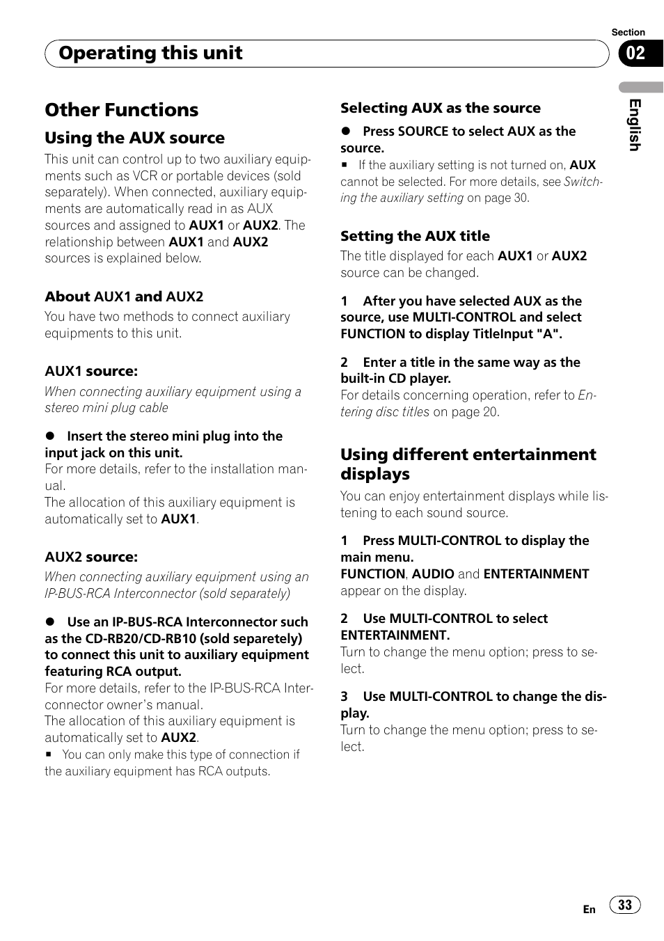 Other functions, Using the aux source 33, Using different entertainment | Displays, Operating this unit | Pioneer DEH-P6900IB User Manual | Page 33 / 126