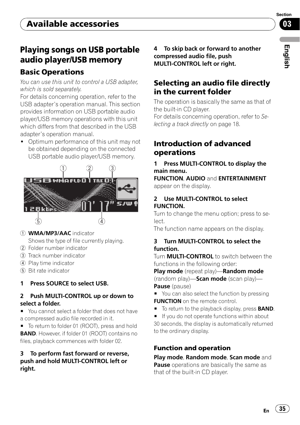 Usb memory, Basic operations 35, Selecting an audio file directly in the | Current folder, Introduction of advanced, Operations, Available accessories | Pioneer DEH-P6900IB User Manual | Page 35 / 126