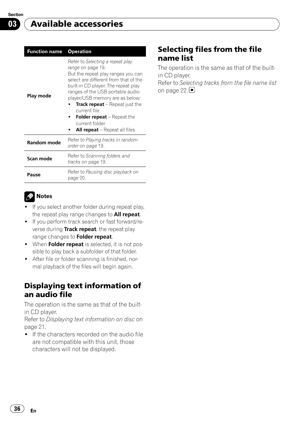 Displaying text information of an audio, File, Selecting files from the file name | List, Available accessories, Displaying text information of an audio file, Selecting files from the file name list | Pioneer DEH-P6900IB User Manual | Page 36 / 126