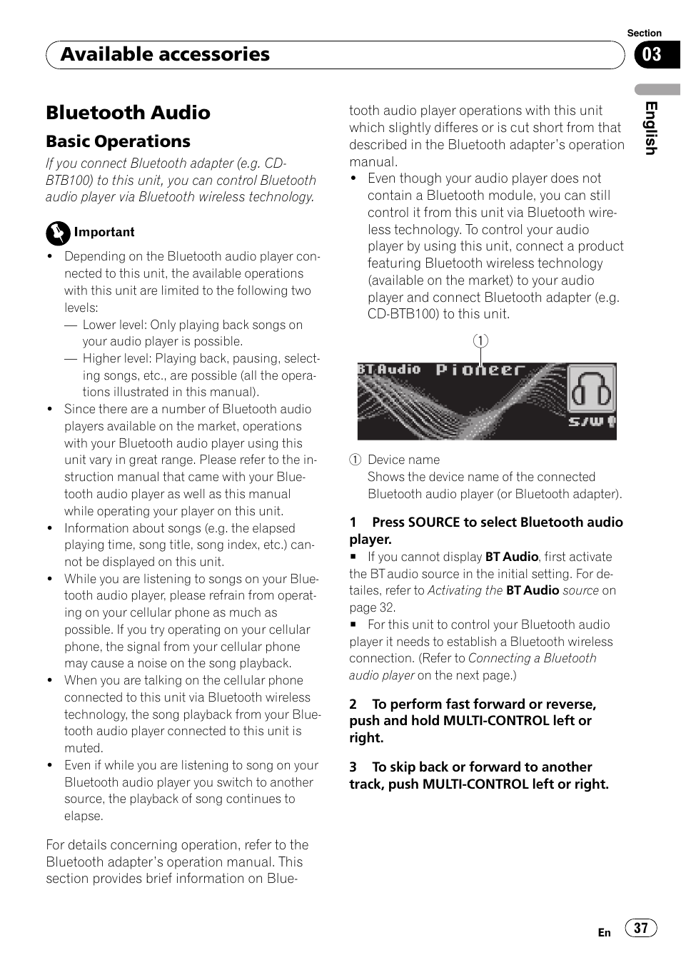 Bluetooth audio, Basic operations 37, Available accessories | Basic operations | Pioneer DEH-P6900IB User Manual | Page 37 / 126
