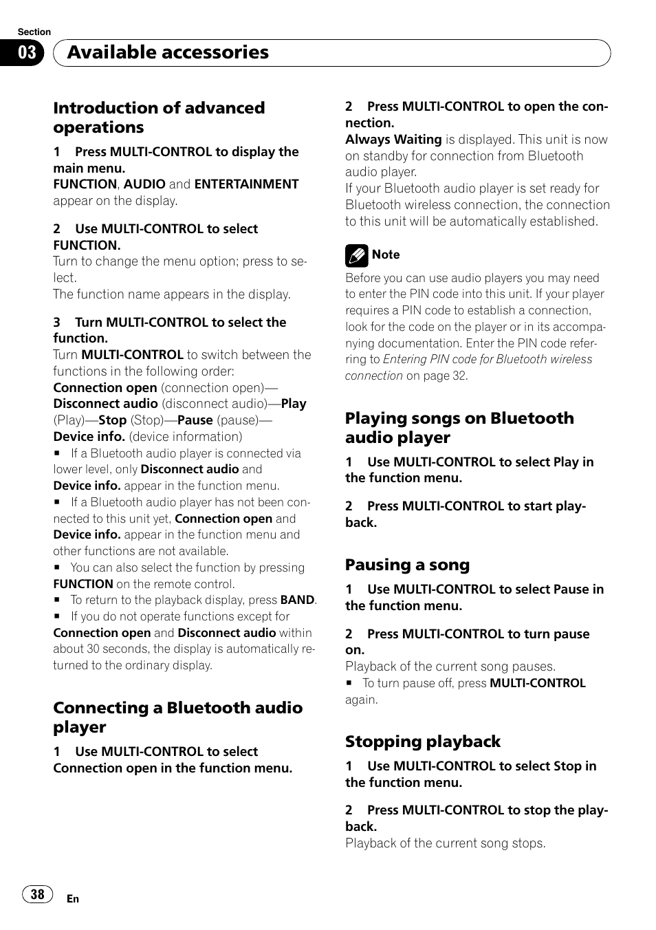 Introduction of advanced, Operations, Connecting a bluetooth audio | Player, Playing songs on bluetooth audio, Pausing a song 38, Stopping playback 38, Available accessories, Introduction of advanced operations, Connecting a bluetooth audio player | Pioneer DEH-P6900IB User Manual | Page 38 / 126