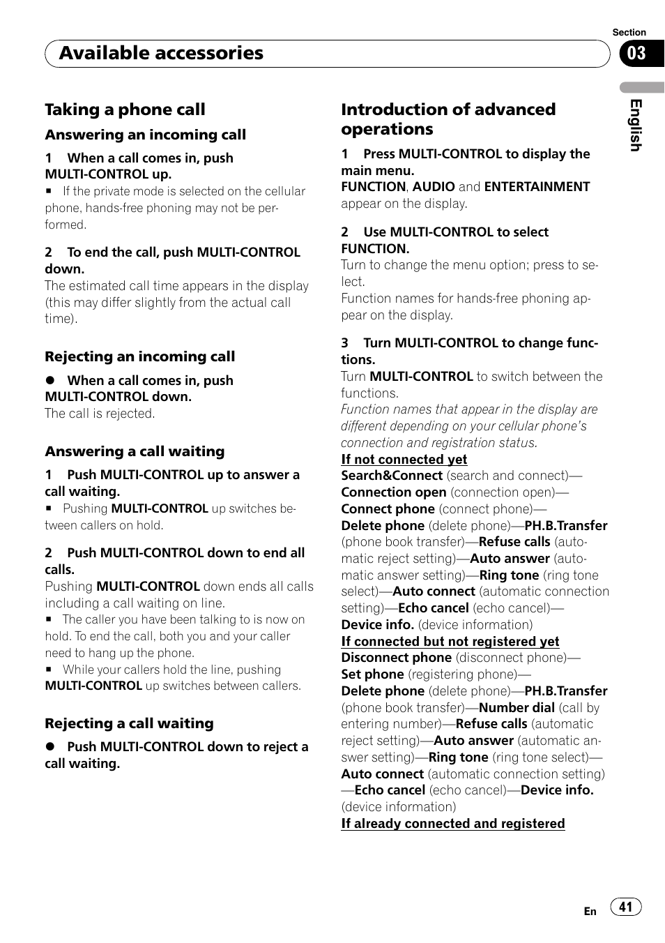 Taking a phone call 41, Introduction of advanced, Operations | Available accessories, Taking a phone call, Introduction of advanced operations | Pioneer DEH-P6900IB User Manual | Page 41 / 126