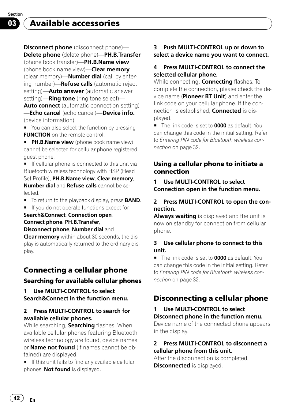 Connecting a cellular phone 42, Disconnecting a cellular phone 42, Available accessories | Connecting a cellular phone, Disconnecting a cellular phone | Pioneer DEH-P6900IB User Manual | Page 42 / 126
