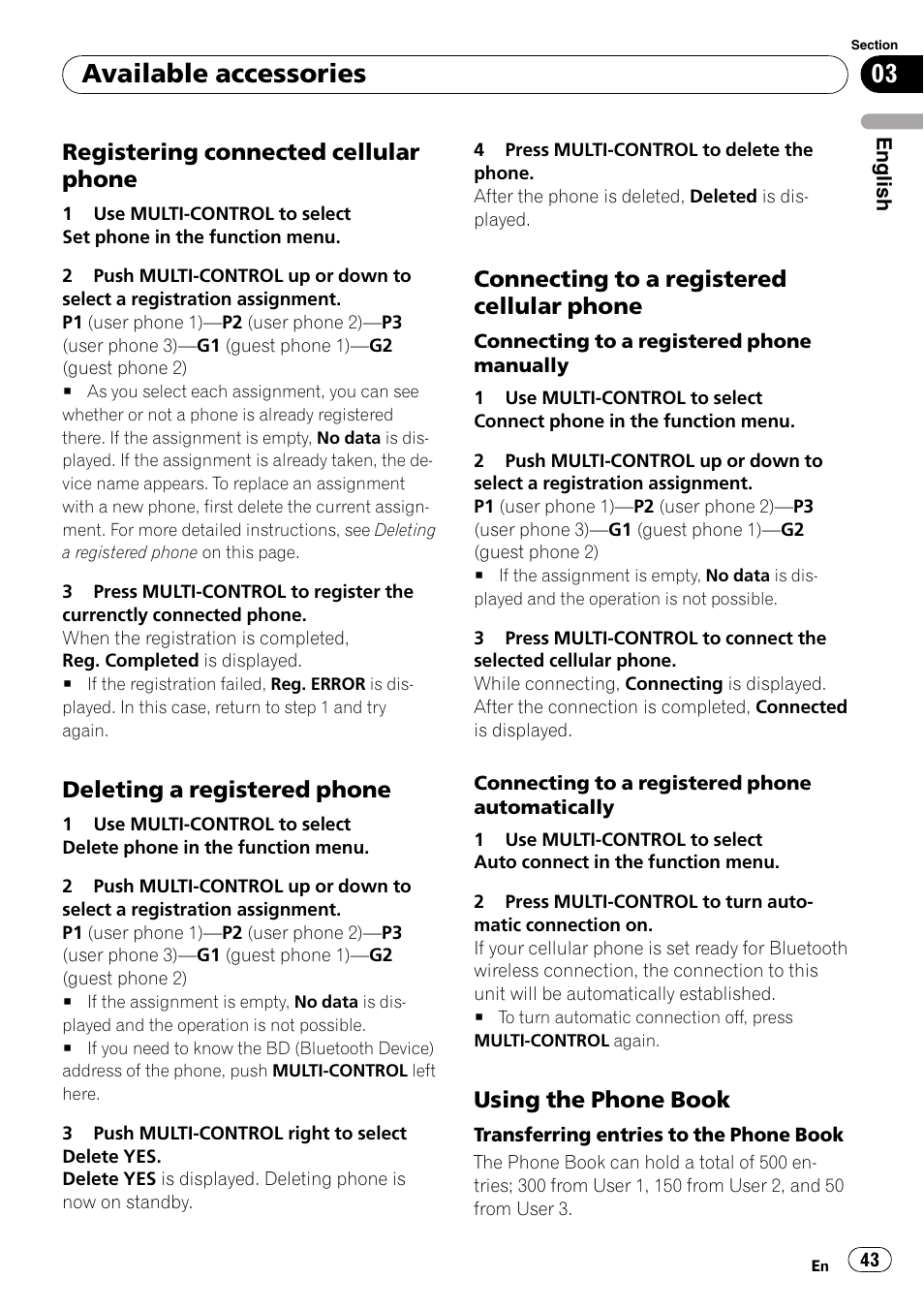 Registering connected cellular, Phone, Deleting a registered phone 43 | Connecting to a registered cellular, Using the phone book 43, Available accessories, Registering connected cellular phone, Deleting a registered phone, Connecting to a registered cellular phone, Using the phone book | Pioneer DEH-P6900IB User Manual | Page 43 / 126