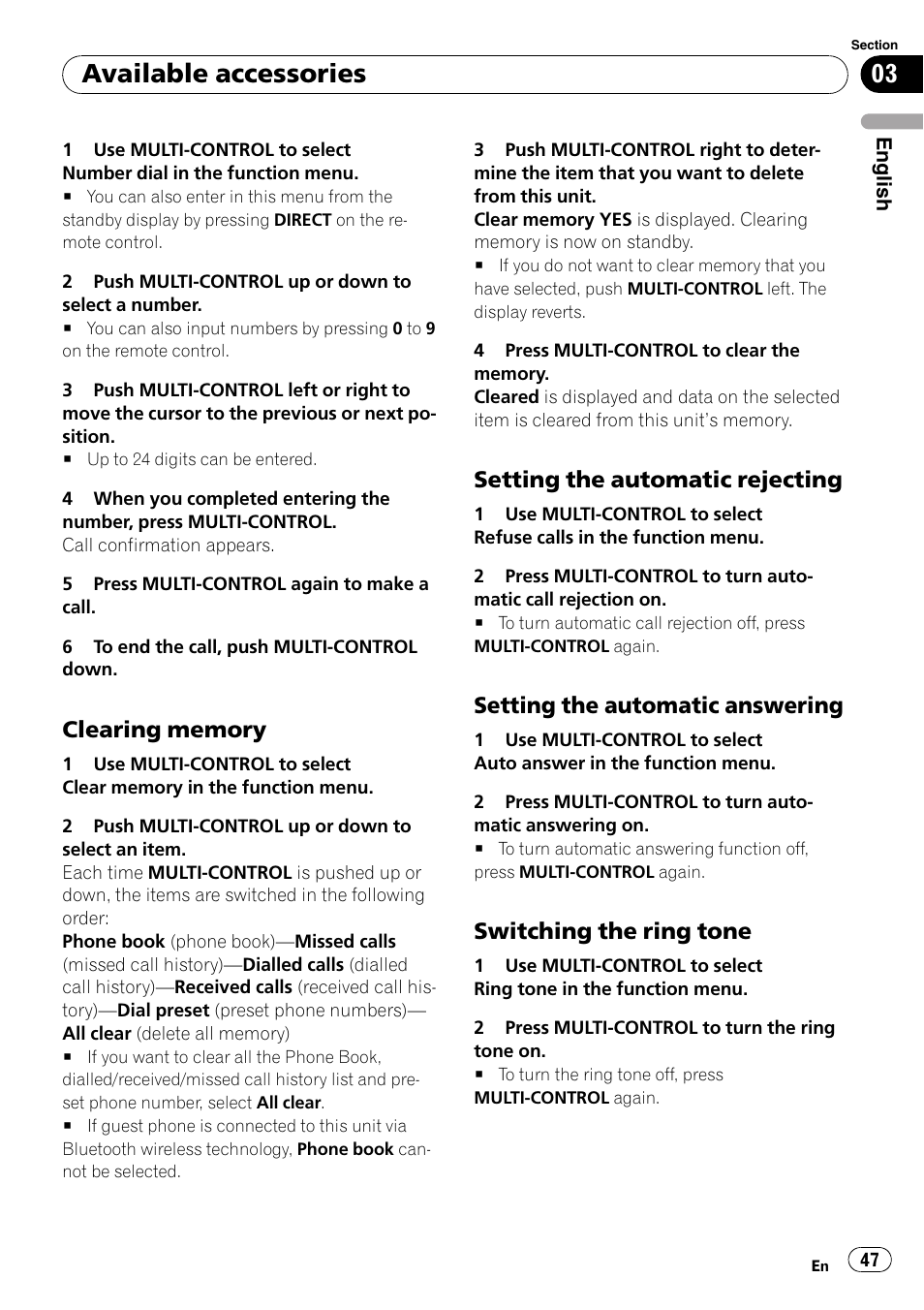 Clearing memory 47, Setting the automatic rejecting 47, Setting the automatic answering 47 | Switching the ring tone 47, Available accessories, Setting the automatic rejecting, Setting the automatic answering, Switching the ring tone | Pioneer DEH-P6900IB User Manual | Page 47 / 126