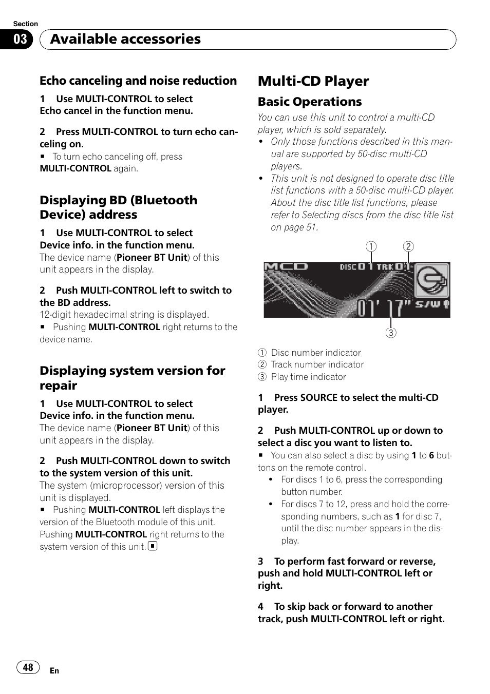 Echo canceling and noise, Reduction, Displaying bd (bluetooth device) | Address, Displaying system version for, Repair, Multi-cd player, Basic operations 48, Available accessories | Pioneer DEH-P6900IB User Manual | Page 48 / 126