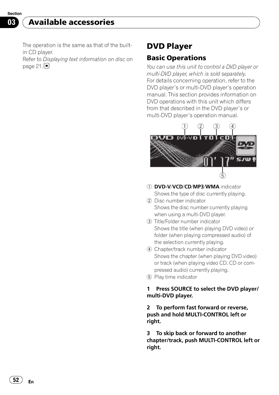 Dvd player, Basic operations 52, Available accessories | Pioneer DEH-P6900IB User Manual | Page 52 / 126