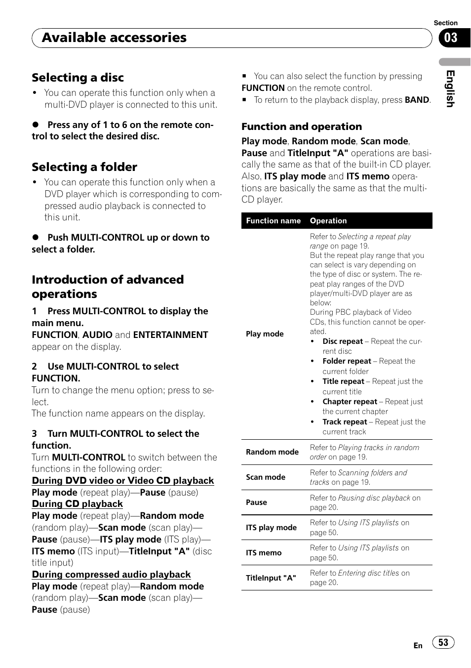 Selecting a disc 53, Selecting a folder 53, Introduction of advanced | Operations, Available accessories, Selecting a disc, Selecting a folder, Introduction of advanced operations | Pioneer DEH-P6900IB User Manual | Page 53 / 126